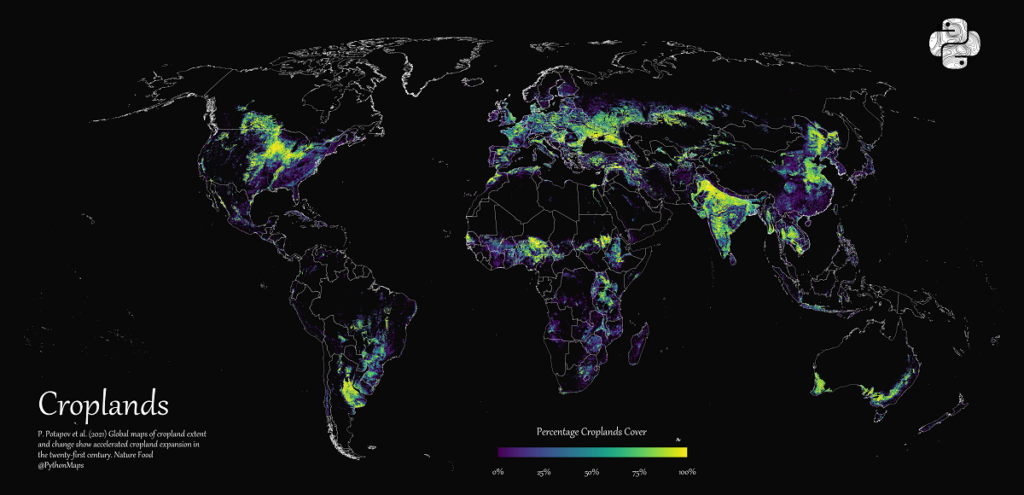 Map of the world showing Percentage of Cropland Cover