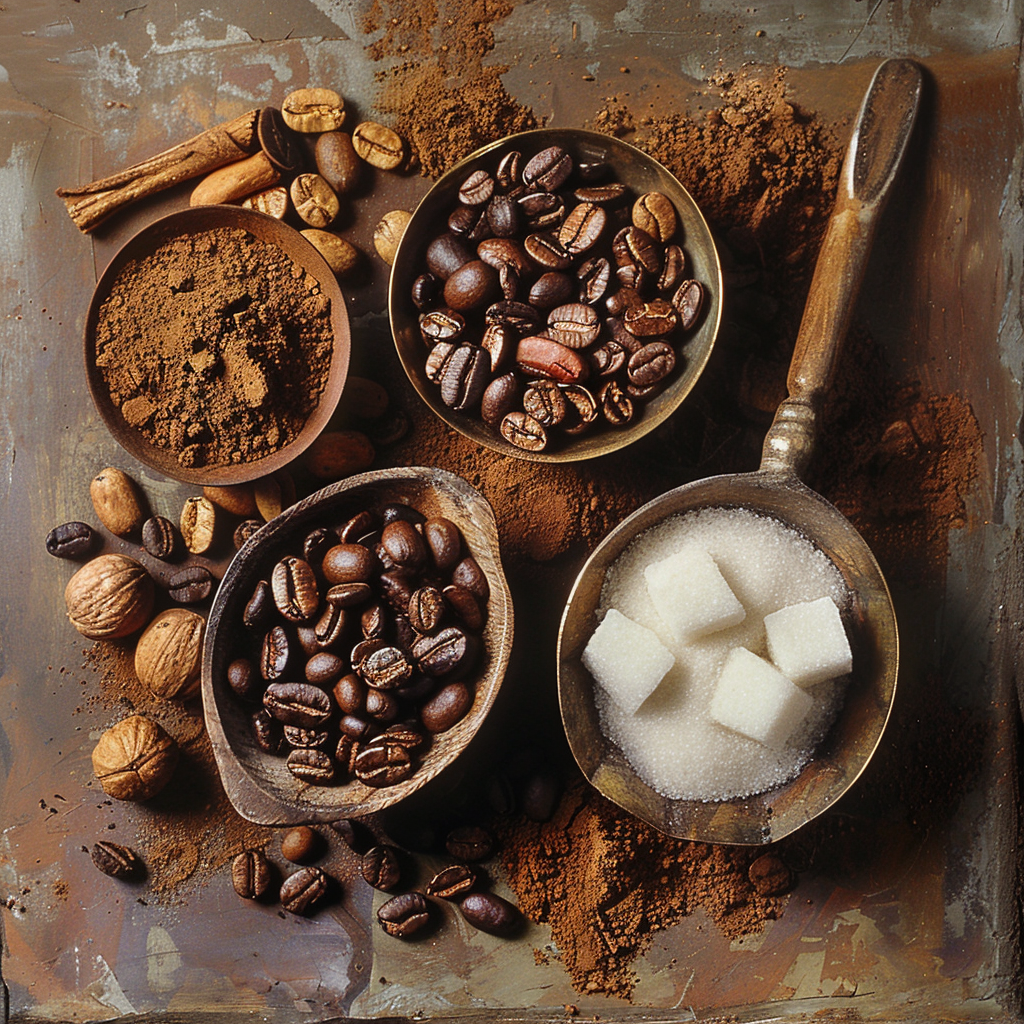 Coffee beans, cocoa and sugar cubes on a metal table