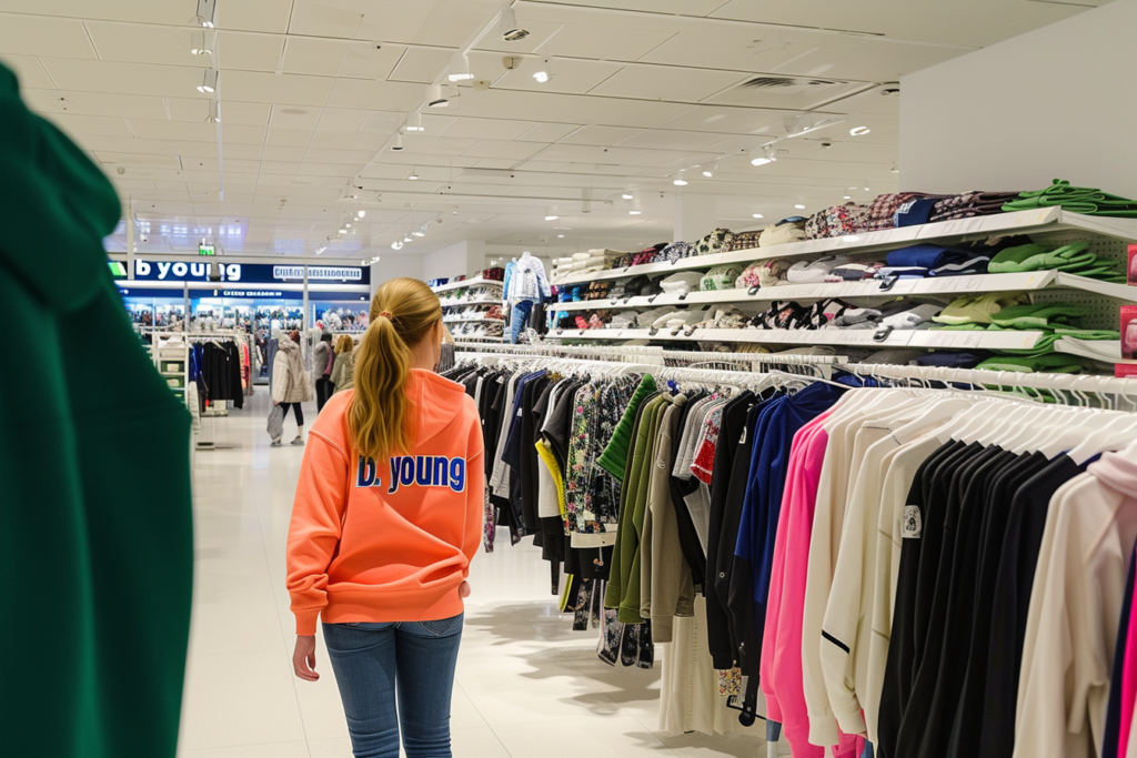 Woman walks an aisle of an apparel store