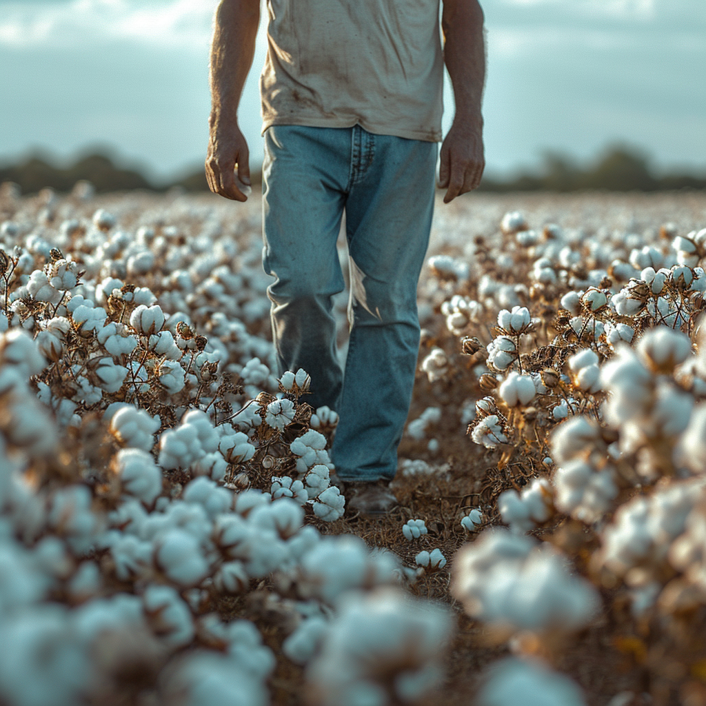 Legs of a man in jeans walking on a ready to harvest cotton field