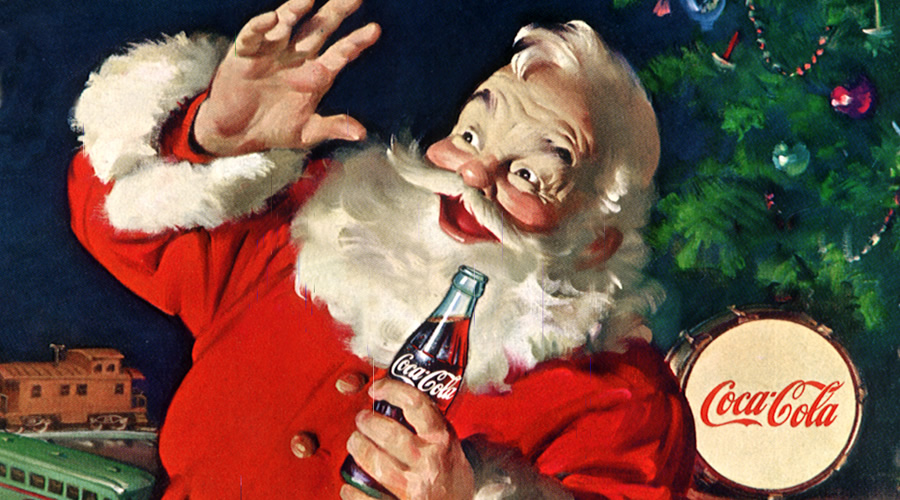 Old-school Coca-Cola Ad with Santa Claus holding a Coke bottle