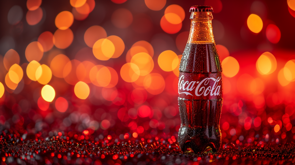 A Coca-cola bottle sweating on red lights background