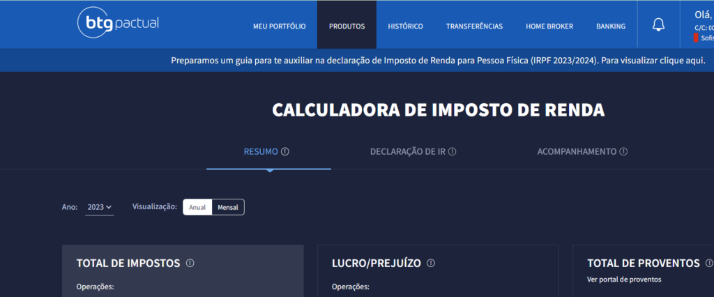 Screenshot of BTG Pactual's IR Calculator