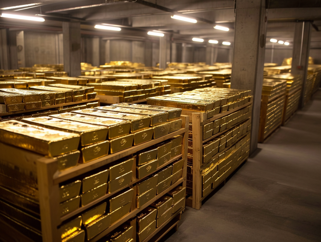 Underground vault with various rows of stored gold bars